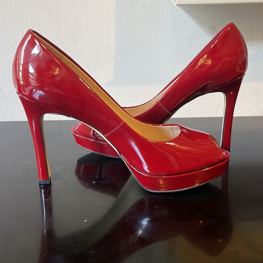 Super Shiny Red Patent Leather Peeptoe Platform heels 9.5